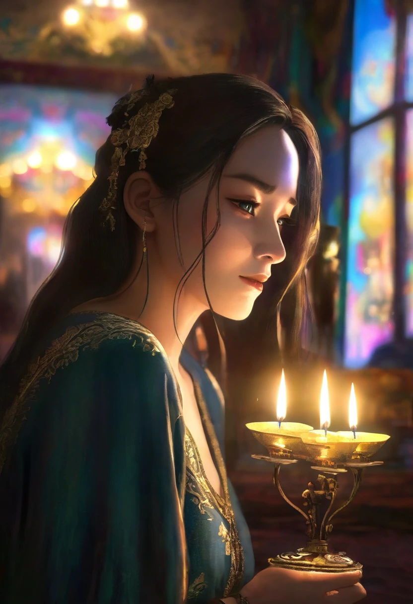 I am the woman who left her youth hidden in memories of faith , The message I want to say is to enjoy your whole life. ,the style is very realistic the atmosphere of loneliness and sadness , 24k artwork volume shadows composition rules depth of field cinema lights