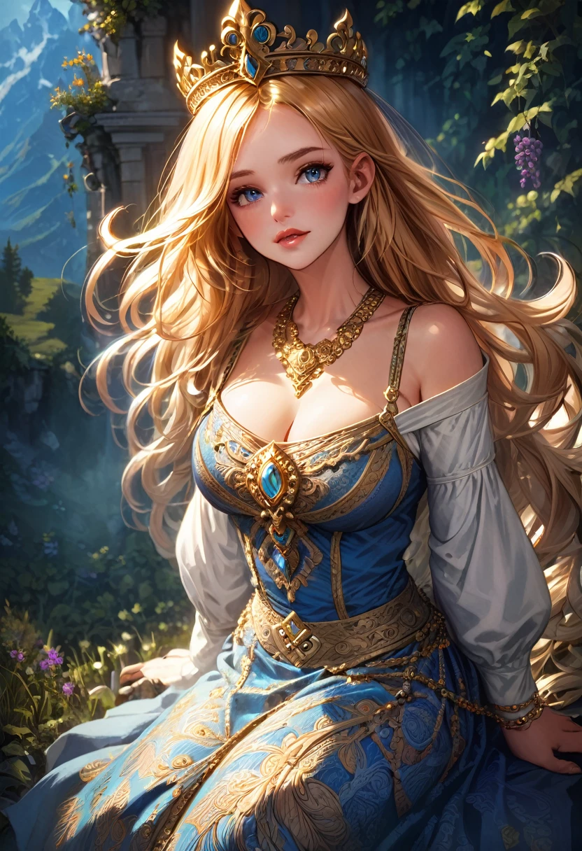 a beautiful busty woman, peasant dress, fantasy landscape, extremely detailed face, beautiful eyes, luscious lips, intricate jewelry, ornate crown, golden hair, glowing skin, ethereal atmosphere, dramatic lighting, rich color palette, cinematic composition, photorealistic, award winning digital art