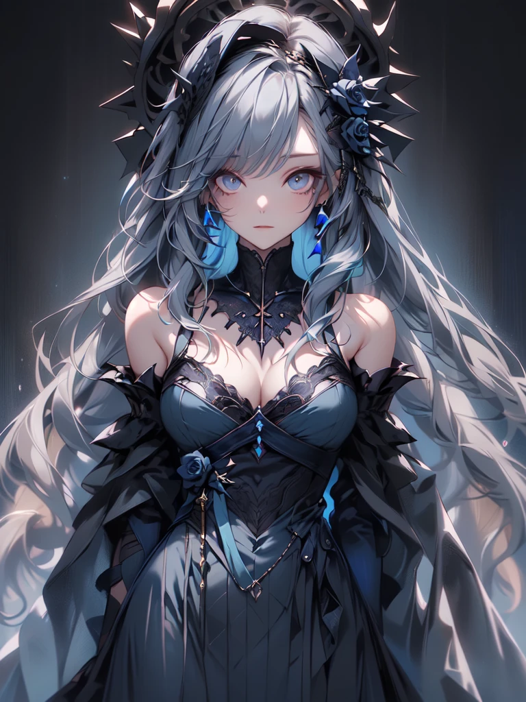 (masterpiece:1.2), highest quality, 1 female, alone, long long gray hair, very long hair, bangs, (dark blue background:1.4), dark blue eyes, black bonnet with dark blue rose decoration, black gothic dress