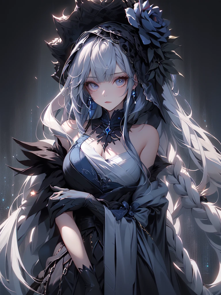 (masterpiece:1.2), highest quality, 1 female, alone, long long gray hair,   very long hair, bangs, (dark blue background:1.4), dark blue eyes, black bonnet with dark blue rose decoration, black gothic dress
