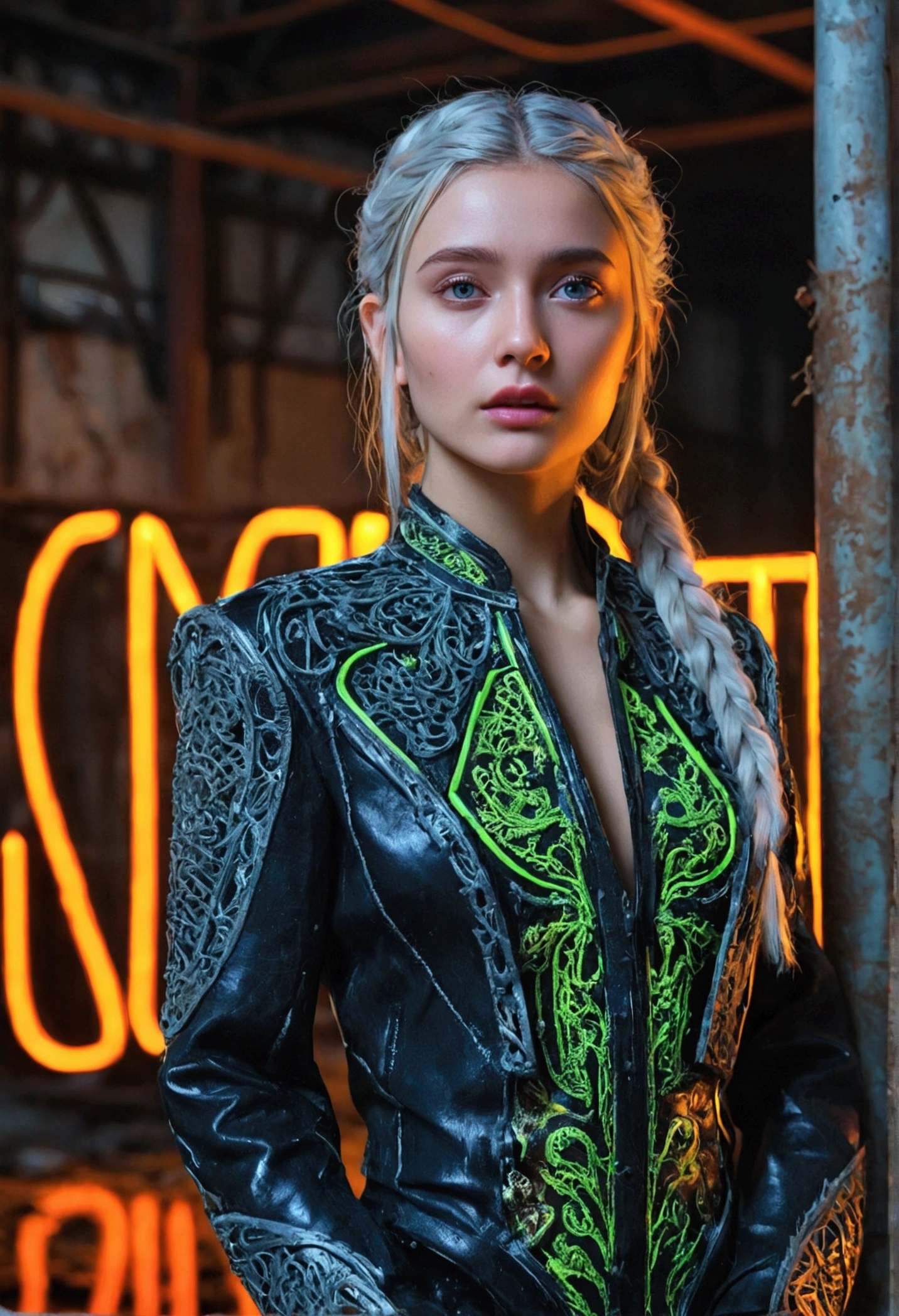 masterpiece, Highest quality, Digital Actress Eva Elfie , Low water level, 8k, Highly detailed face, Perfect Face, Perfect body, Pause, (Intricate details:0.9), (High resolution, Hyper Detail:1.2), (Natural skin texture, Surreal, Russ's outfit, sharp), (Intricate Details 1.5), In an abandoned warehouse, ((Lots of neon dedication.)).
