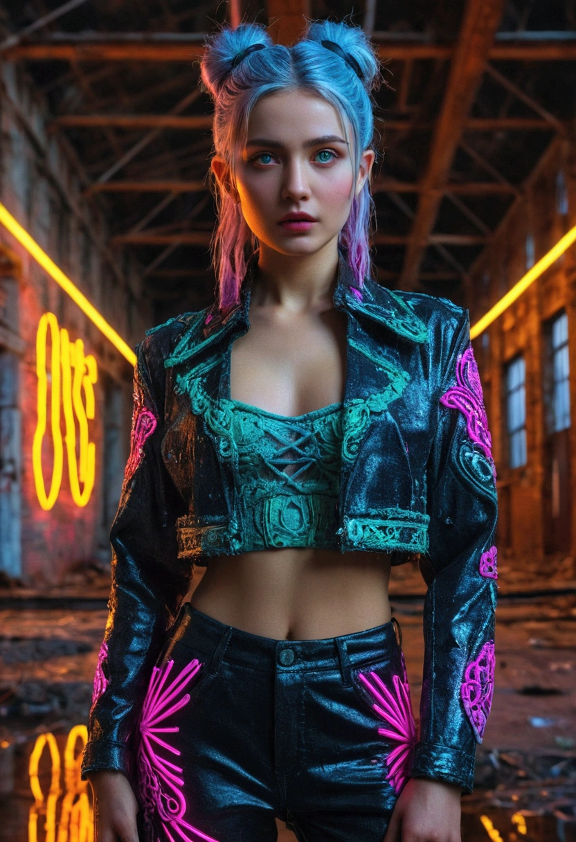 masterpiece, Highest quality, Digital Actress Eva Elfie , Low water level, 8k, Highly detailed face, Perfect Face, Perfect body, Pause, (Intricate details:0.9), (High resolution, Hyper Detail:1.2), (Natural skin texture, Surreal, Russ's outfit, sharp), (Intricate Details 1.5), In an abandoned warehouse, ((Lots of neon dedication.)).