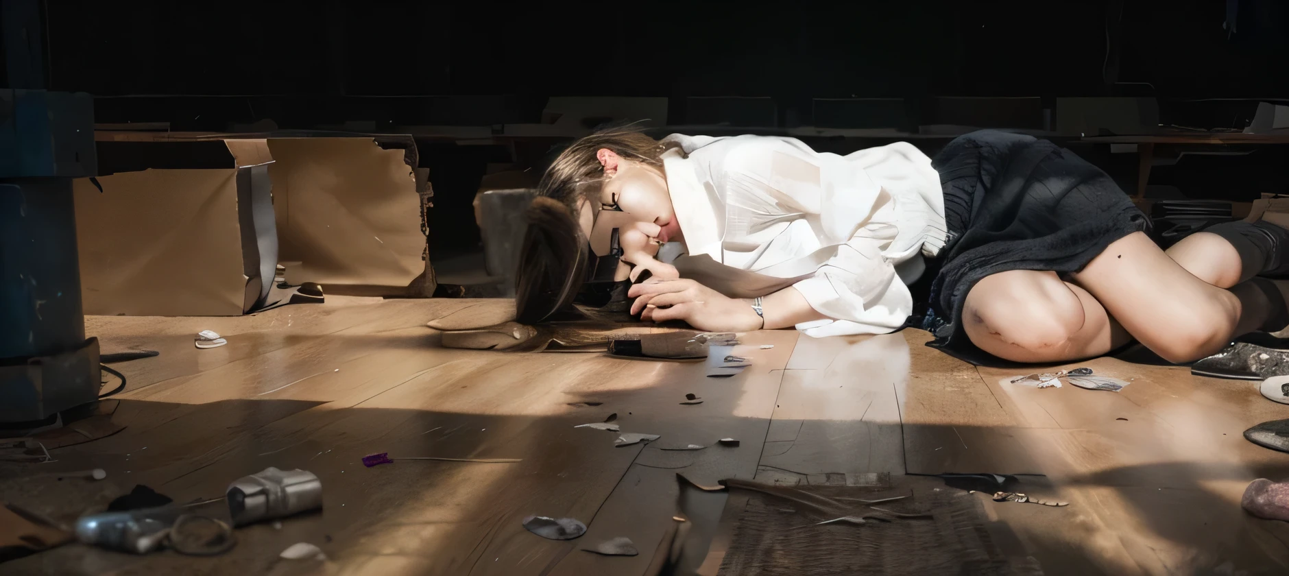(Best quality, 8k, 32k, Masterpiece, UHD:1.2) "Transform the setting into a bone-chilling horror scene. A girl, wide-eyed and trembling, peers cautiously below a table, her breath shallow and rapid. Her flashlight flickers, casting erratic shadows that play tricks on her mind. Suddenly, beside her, a pair of ghostly feet materializes, just standing there ominously. The feet are pale, translucent, and slightly decayed, with a cold mist swirling around them. They stand unnaturally still, exuding an eerie presence. The girl's terror mounts as she realizes she is not alone. The atmosphere is thick with dread, every creak and whisper amplified in the tense silence. The room around her is dimly lit, with broken furniture and tattered curtains adding to the sense of abandonment and despair. This scene captures the essence of a horror movie, where the unseen threat is ever-present, and the girl’s fear is palpable and contagious. The overall mood is one of spine-tingling suspense and impending doom."