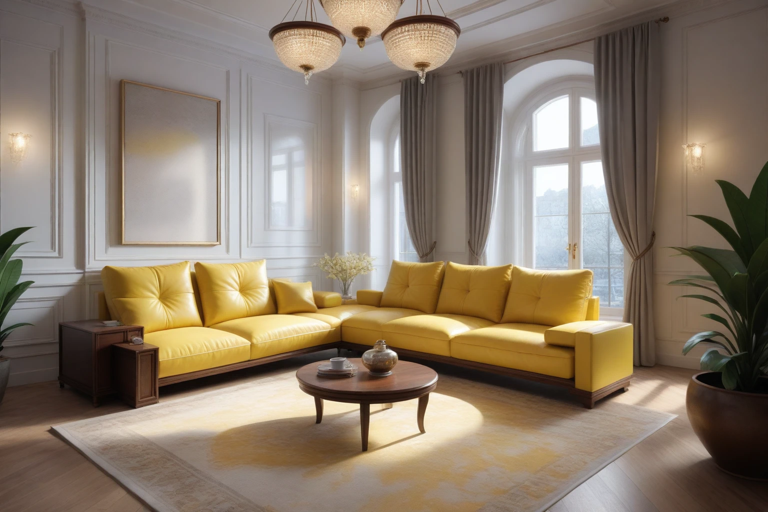 RAW photo, masterpiece, a view of a ( LIVING ROOM :1.3) with a couch, chairs, and a chandelier, highly detailed interior, neo - classical style, neoclassical style, neoclassicism style, interior architect architectural visualization, neoclassical style, in style of classicism, white light sun, rendered in vray, rendered in v-ray, rendered in unreal engine 3d, (photorealistic:1.2), (photorealistic:1.5), best quality, ultra high res, architechture, (leather sofa detail:1.5), neoclassic house, (detailed railing neoclassic:1.5), luxury neoclassical villa, (mable floor details:1.5), (detailed neoclassical carpet:1.5), in the style of neoclassical scene, glass windows, best quality, (Intricate lines:1.5), ((Photorealism:1.5)),(((hyper detail:1.5))), archdaily, award winning design, (dynamic light:1.3), (day light:1.2), (perfect light:1.3), (shimering light :1.4), refection glass windows, (curved line architecture arch:1.2), photorealistic, FKAA, TXAA, RTX, SSAO, Post Processing, Post-Production, CGI, VFX, SFX, Full color,((Unreal Engine 5)), Canon EOS R5 Camera + Lens RF 45MP full-frame CMOS sensor, HDR, Realistic, Cinematic intricate detail, extreme detail, science, hyper-detail, FKAA, super detail, super realistic, crazy detail, intricate detail, nice color grading, reflected light on glass, eye-catching wall lights, unreal engine 5, octane render, cinematic, trending on artstation, High-fidelity, Viwvid, Crisp, Sharp, Bright, Stunning, ((Lifelike)), Natural, ((Eye-catching)), Illuminating, Flawless, High-quality,Sharp edge rendering, medium soft lighting, photographic render, detailed archviz, ((( Pachyloba, Doussie, Afzelia wooden : 1.7 ))), ((( yellow organge Tone : 1.3 )))