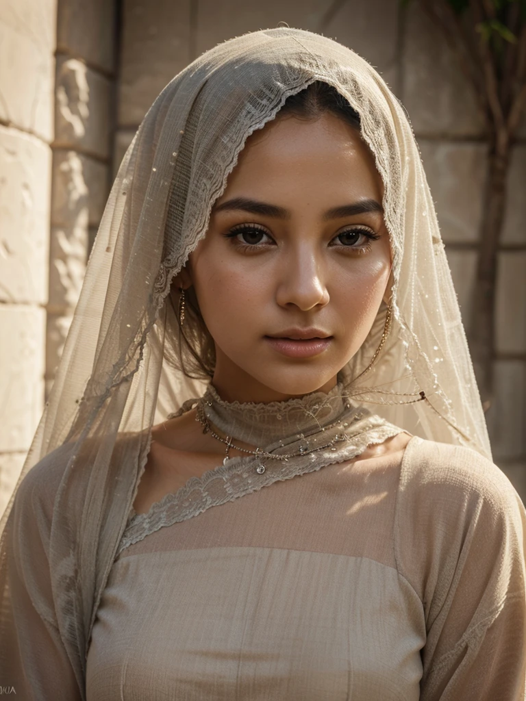 photo realistict, high quality, 8K Ultra HD, hyper-realistic portrait of a captivating woman frim indonesia, wearing hijab, her features bathed in a soft, diffused glow that accentuates the delicate nuances of her expression, captures every subtle contour of her face, the intricacies of her gaze, and the cascading strands of her hair, In this mysterious ambiance, creating an alluring interplay that accentuates the enigmatic aura surrounding the woman, on the side of the woman in a front area, with the writing {KEY LOVERS} below the front, her features, enhancing the depth of her gaze and adding a touch of secrecy to the composition, highly detailed,