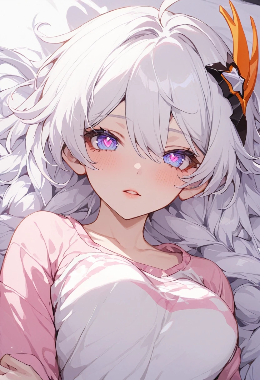 (masterpiece), best quality, expressive eyes, perfect face,detail eyes,4k,'Score_9, score_8, score_7_up,1girl, good hand,solo,

Kiana Kaslana ,(Honkai Impact 3rd), Messy hair,symbol-shaped pupils, hair ornament, ahoge, very long hair, purple eyes,White hair , large breast,athletic body,pink lips,pajamas,

Living room scenery, lying on back,low light , from above, looking at viewer , close up, 