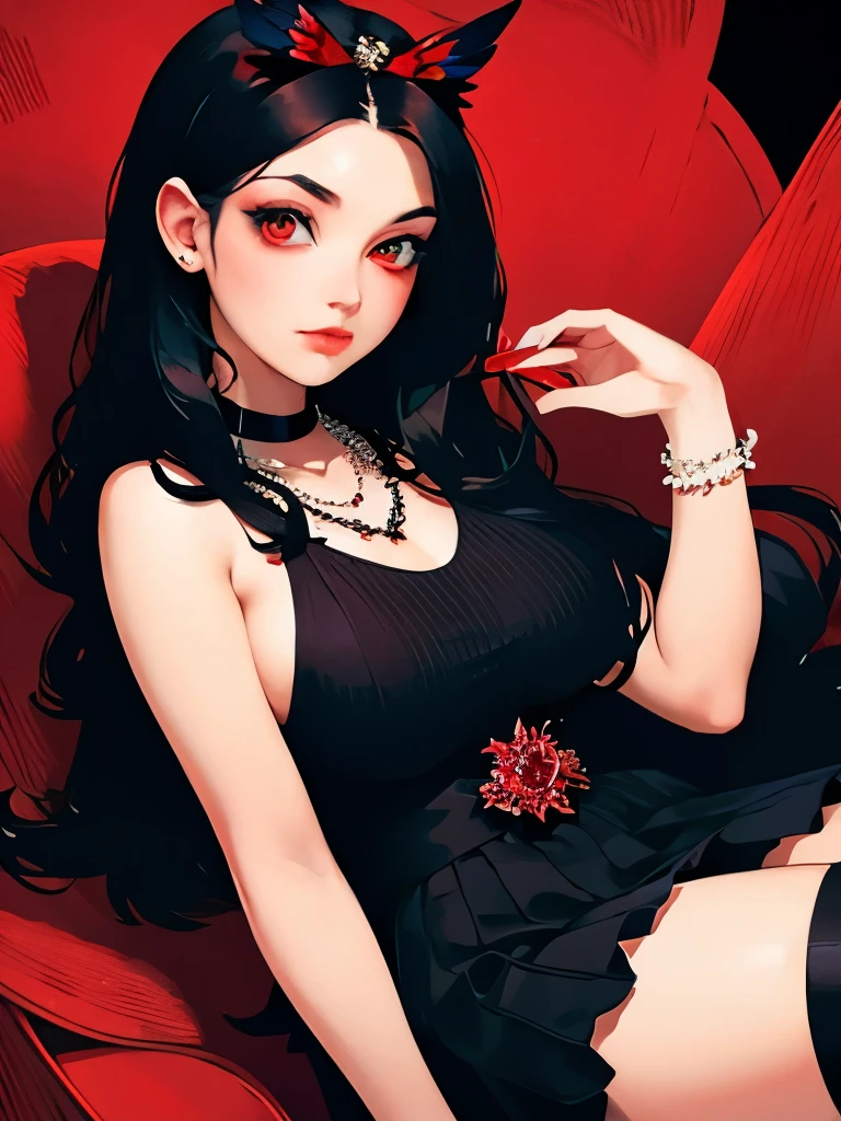 Expressionless,,(Dark Fantasy),((Wonderful Illustration)),(Detail Splash), long black hair, red pupils, girl, pure black dress, only the collar, cuffs and skirt are dark red, ears Pinned to the side is a red butterfly barrette, masterpiece, best quality, high quality, headpiece,, red and black crystal necklace, black knee socks