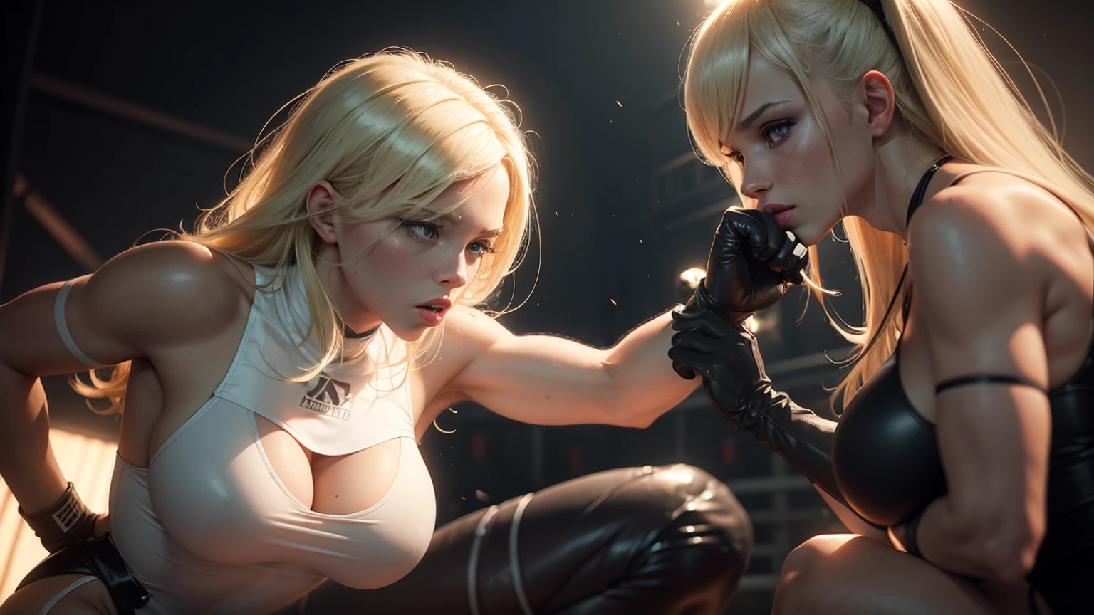 a beautiful blonde girl in a white boxing outfit, wearing black bodystocking stockings, fighting against an african american woman, cinematic lighting, detailed facial features, highly detailed, photorealistic, 8k, masterpiece, dark colors, dramatic lighting