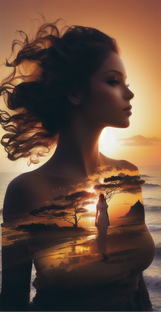arafed image of a woman with a sunset in the background, photoshop art, beautiful digital artwork, digital art picture, gorgeous digital art, surreal beautiful young woman, double exposure effect, photo manipulation, beautiful gorgeous digital art, beautiful digital art, photomanipulation, stunning digital art, photoshop collage, beautiful girl on the horizon, beautiful, amazing blend effect