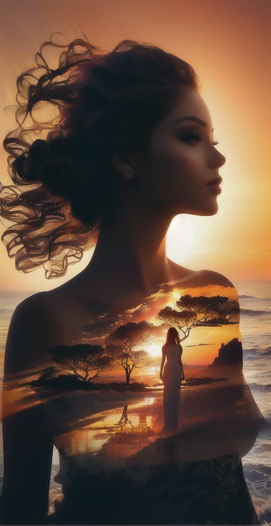 arafed image of a woman with a sunset in the background, photoshop art, beautiful digital artwork, digital art picture, gorgeous digital art, surreal beautiful young woman, double exposure effect, photo manipulation, beautiful gorgeous digital art, beautiful digital art, photomanipulation, stunning digital art, photoshop collage, beautiful girl on the horizon, beautiful, amazing blend effect