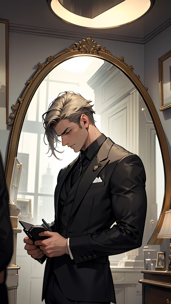 Create an ultra-realistic, 16k resolution image of a man in a sharp, tailored suit holding a small, shattered mirror close to his face. The man’s expression should be solemn and introspective, with visible hints of weariness in his eyes. The shattered mirror pieces should reflect highly detailed, fragmented images: a distant family photo, symbols of success like a gold trophy or briefcase, and a faint, lonely office scene in the background.The background should depict a dimly lit, modern office with deep shadows and subtle, cold lighting that accentuates the contours of the man’s face and the sharp edges of the mirror fragments. The overall color palette should be dark, with deep blacks, rich grays, and muted gold tones to create a somber, reflective atmosphere.Incorporate a soft focus effect for the background to ensure the man and the shattered mirror are the focal points. Add texture to the suit fabric and the mirror’s surface to enhance realism, and use high contrast and sharp detail to emphasize the brokenness and emotional weight of the scene. Ensure the image conveys a dark, introspective mood consistent with Valorgi’s style."