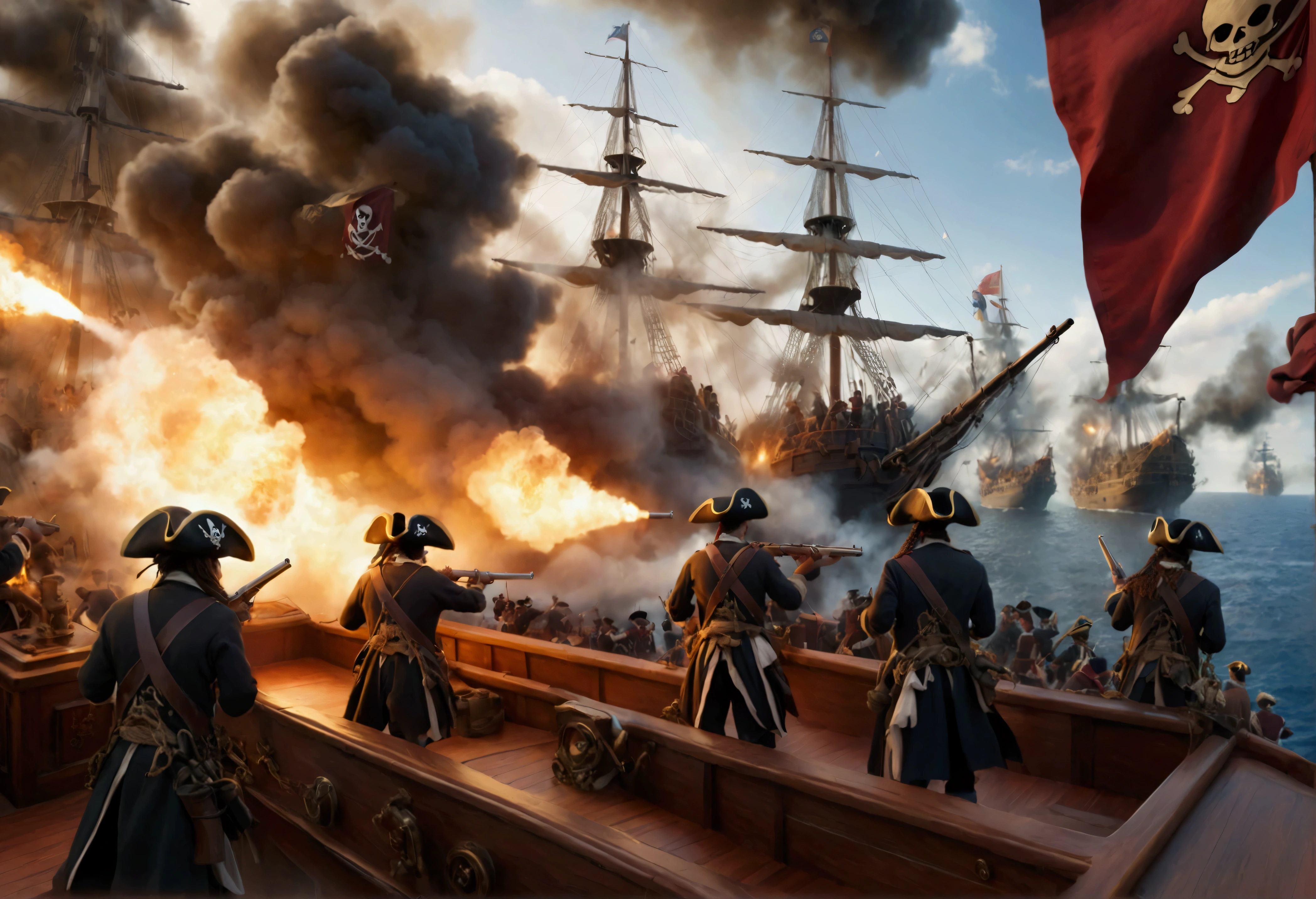 central pirate ship, pirates firing cannons, flags, menacing appearance, traditional pirate attire, tricorn hats, bandanas, chaotic scene, smoke billowing, gunfire, enemy ships, cannons on deck, aiming cannons, firing cannons, pirate war