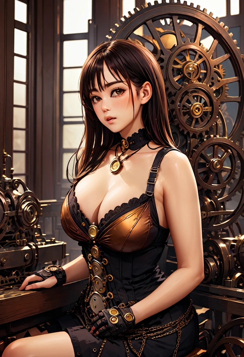 clockwork old Ben, beautiful busty Asian woman steampunk, intricate steampunk machinery, brass gears, cogs, and pipes, Victorian era fashion, moody lighting, warm color tones, highly detailed, photorealistic, masterpiece, (best quality,8k,highres,masterpiece:1.2),ultra-detailed,(realistic,photorealistic,photo-realistic:1.37)