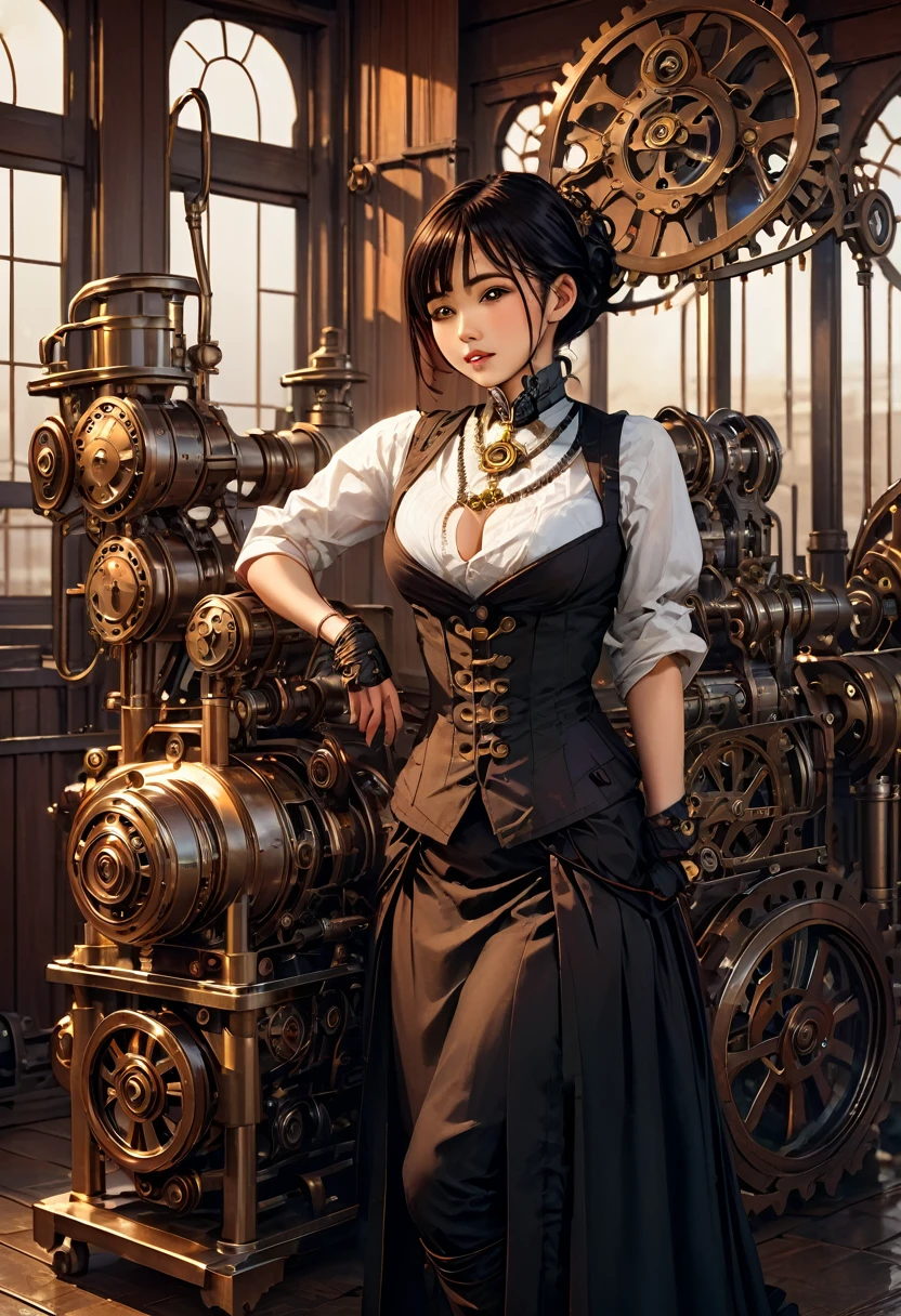 clockwork old Ben, beautiful busty Asian woman steampunk, intricate steampunk machinery, brass gears, cogs, and pipes, Victorian era fashion, moody lighting, warm color tones, highly detailed, photorealistic, masterpiece, (best quality,8k,highres,masterpiece:1.2),ultra-detailed,(realistic,photorealistic,photo-realistic:1.37)