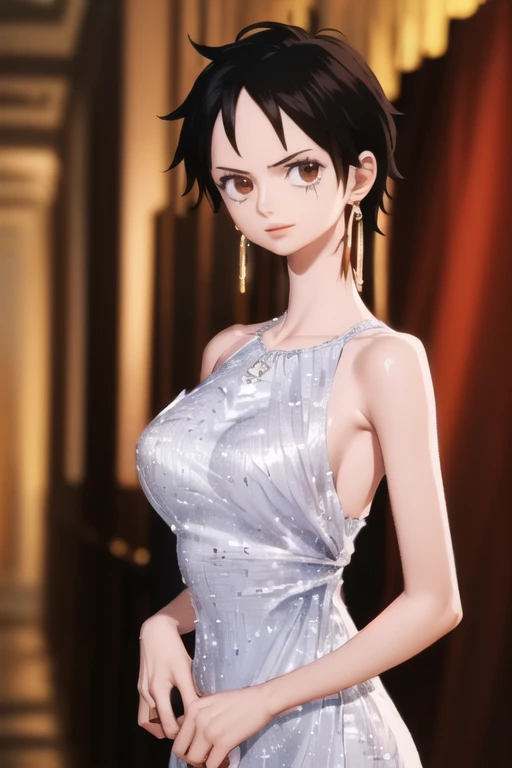 (masterpiece, best quality), beautiful detailed face, monkey_d_luffy, Luffy female, straw hat, scar under eye, genderswap, brown eyes, elegant sleeveless dress, diamond necklace, emerald earrings, in the hall, intricate details, photorealistic, 8k, chiaroscuro lighting, ethereal atmosphere, jewel-toned colors