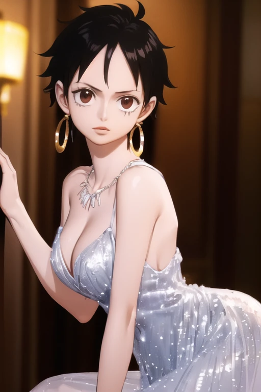 (masterpiece, best quality), beautiful detailed face, monkey_d_luffy, Luffy female, straw hat, scar under eye, genderswap, brown eyes, elegant sleeveless dress, diamond necklace, emerald earrings, in the hall, intricate details, photorealistic, 8k, chiaroscuro lighting, ethereal atmosphere, jewel-toned colors