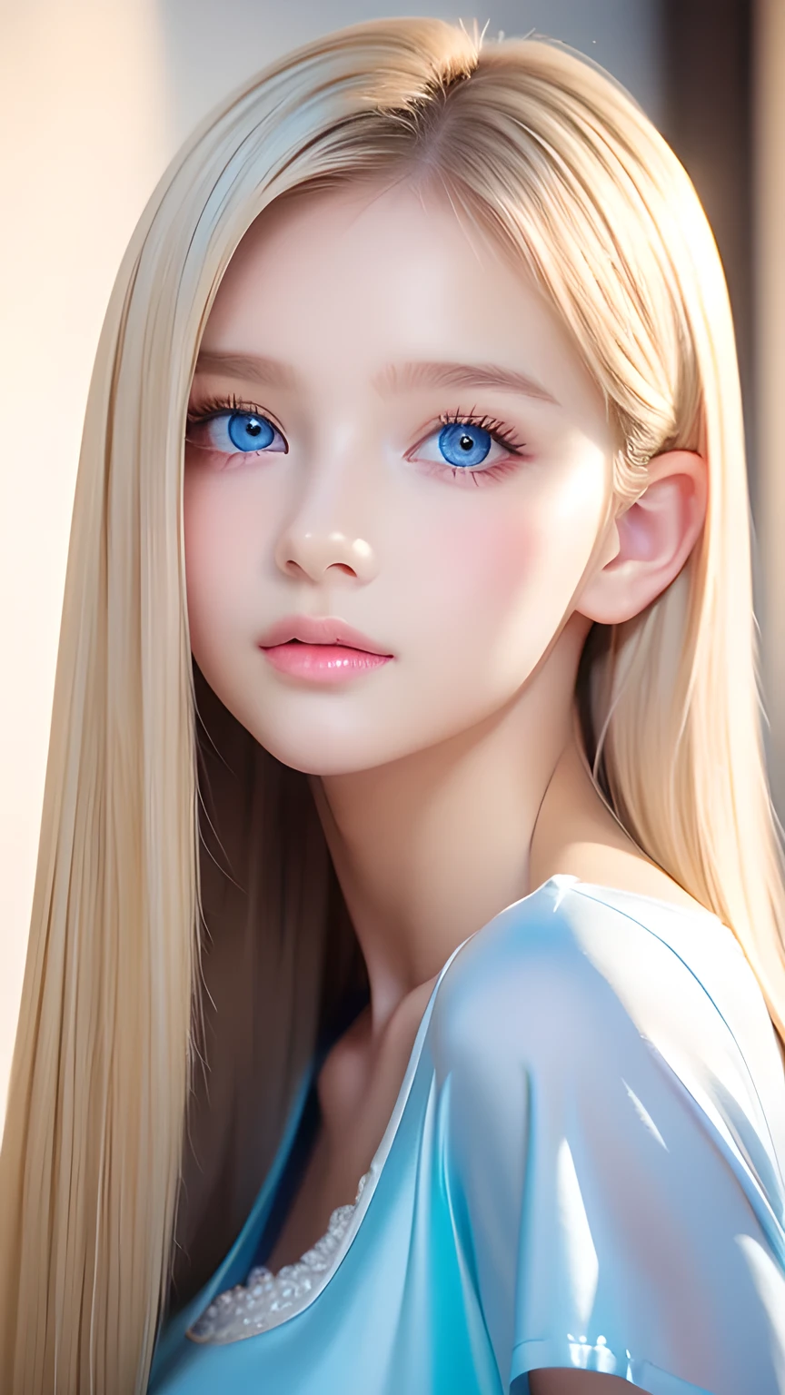 Unparalleled beauty, Extremely white, firm and lustrous skin, Bangs between the eyes, Beautiful shiny, straight, natural platinum blonde, Super long, straight, silky, beautiful blonde hair, eyeliner, A truly beautiful girl、Sexy beautiful innocent , Beautiful, large, light blue eyes that sparkle like jewels., Beautiful and lovely girl, Baby Face, Short sleeve shirt、Ample Bust、Small Face Beauty、Round face、Cheek highlighter