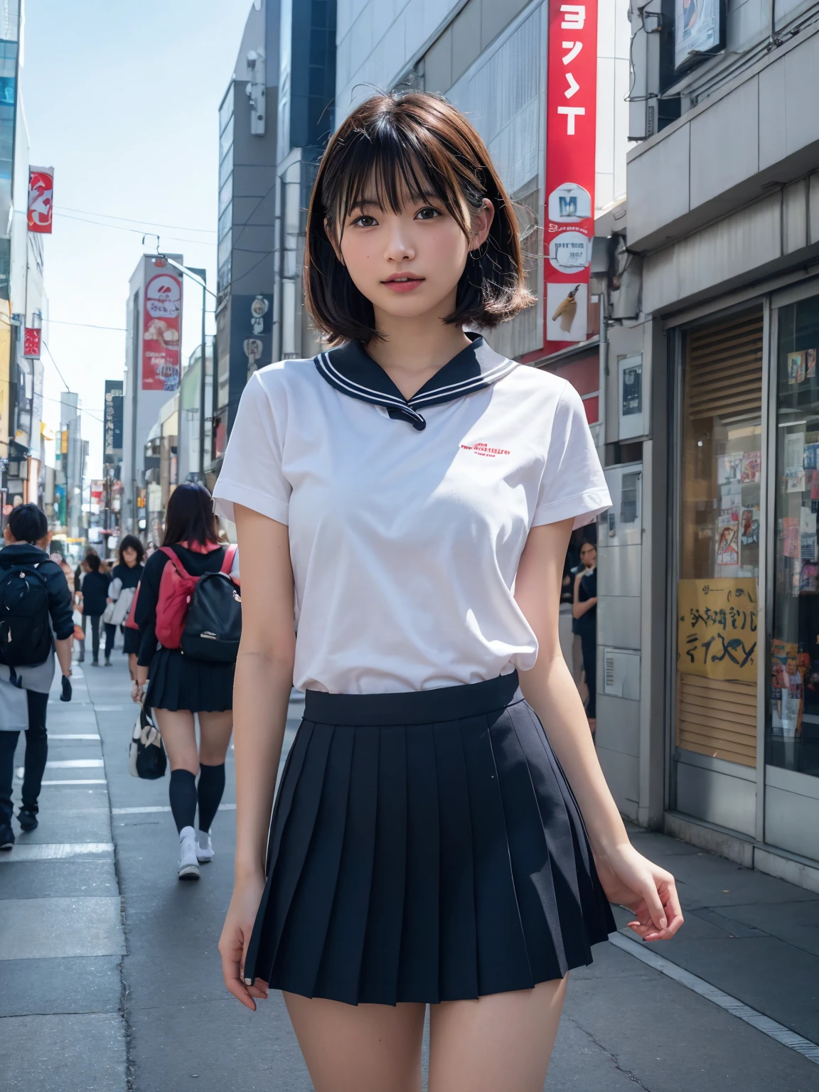 超high quality, masterpiece, ultra High resolution, (Realistic: 1.4), Highly detailed CG Unity 8K wallpapers, Detailed and complex, original, High resolution, RAW Photos, (Perfect figure), Detailed and complex, Digital SLR, Soft lighting, high quality, Film Grain, Depth of written boundary, Leica Camera, 50mm lens, Backlight, High resolution, Surreal, Color Grade, Dynamic pose, Portraiture, Japanese, smile, lips, short hair, bangs, (crowded akihabara: 1.2), Front Viewer, Natural light, girl, 20-year-old, whole body, alone, student, high school, uniform, Sailor collar, Bobby Socks, Pleated skirt, Daytime, street, Deep Shadow, cute, beauty, moderate, Cold light 12000K\\ street, Store Status, akihabara, Shinjuku, Shibuya Ward, Ikebukuro, Detailed realism, Skin Texture, Very detailed, realistic Skin Texture, (dramatic, Award-winning photo, incredible masterpieces: 1.3)