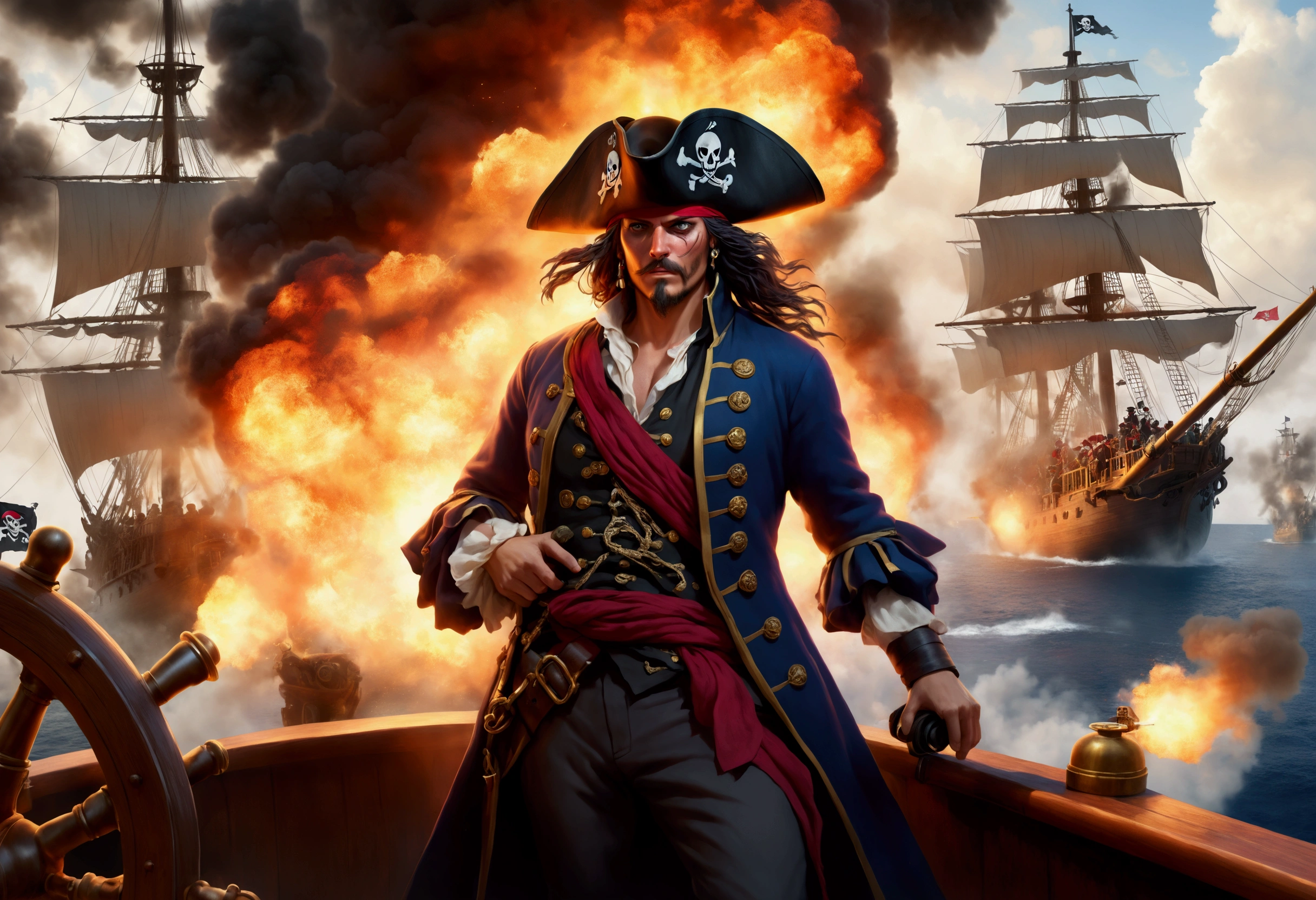 central pirate ship, pirates firing cannons, flags, menacing appearance, traditional pirate attire, tricorn hats, bandanas, chaotic scene, smoke billowing, gunfire, enemy ships, cannons on deck, aiming cannons, firing cannons, pirate war