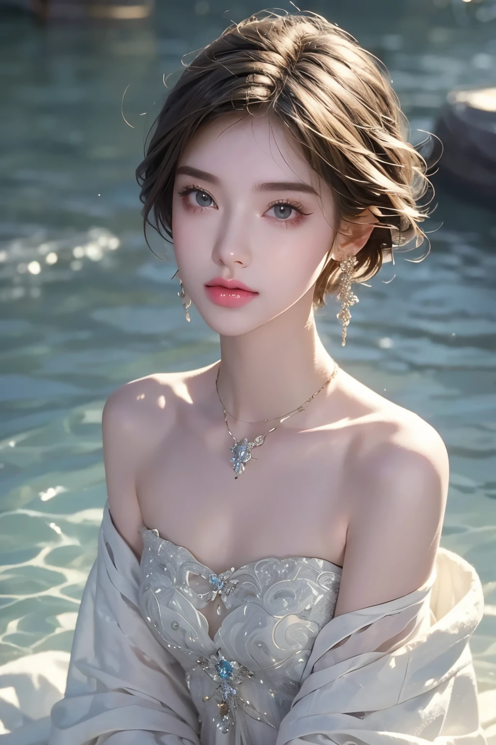 (8k, RAW Photos, Highest quality, masterpiece: 1.2), Super detailed, Super Resolution, (Genuine, Genuine photos: 1.3), Portraiture, High-resolution RAW color photos, Professional photos, とても細かくて美Shii, Very detailed, Amazing details, Large file size, Official Art, beautiful girls,Very detailed目, Very detailed肌, Very elaborate fingers, Very detailed鼻, Very sophisticated mouth, Perfect Anatomy, Detailed Background, Detailed clothing, One Girl, (20:1.2), 20th Generation, Cute girl, Realistic body,White skin, Glowing Skin, The body is slim, like々Shii, かわいらShii顔, Realistic Face, (short hair), Earrings, Dynamic Lighting,Very small and plump breasts、Sitting