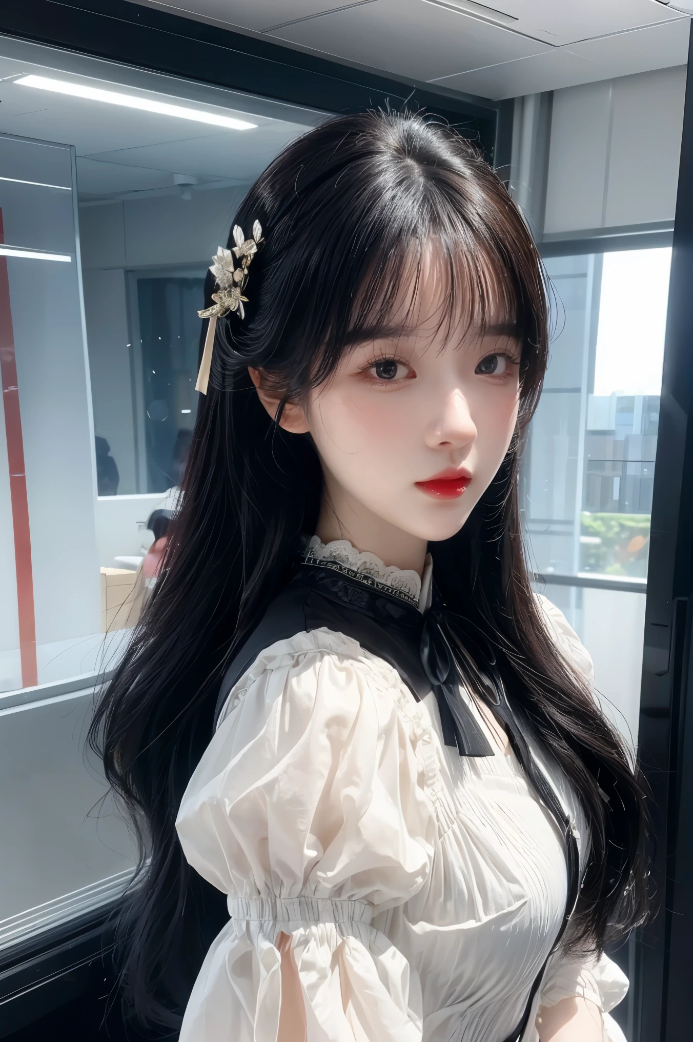 best quality, (photorealistic:1.2), 1girl, solo, detailed face, face focus, standing, black hair,(hair ornament:1.35),office lady, ribbon-trimmed sleeves, detached sleeves, ribbon trim, wide sleeves, (looking at viewer:1.5) long hair, black eyes, bangs, lips,