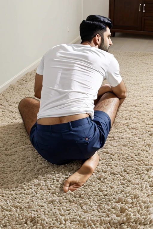 Desi boy in shorts sitting on carpet sniffing flower, full body rear view, view from top, white skin, t-shirt, 