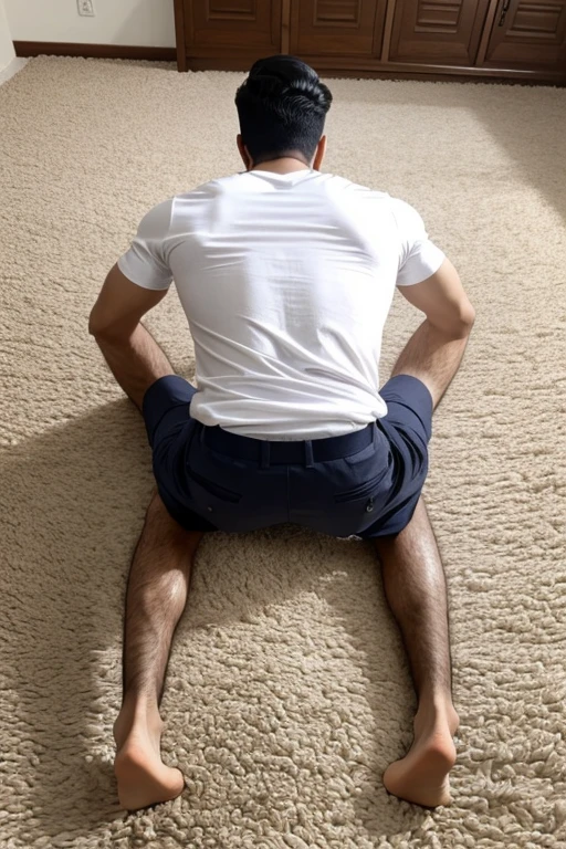 Desi boy in shorts sitting on carpet sniffing flower, full body rear view, view from top, white skin, t-shirt,