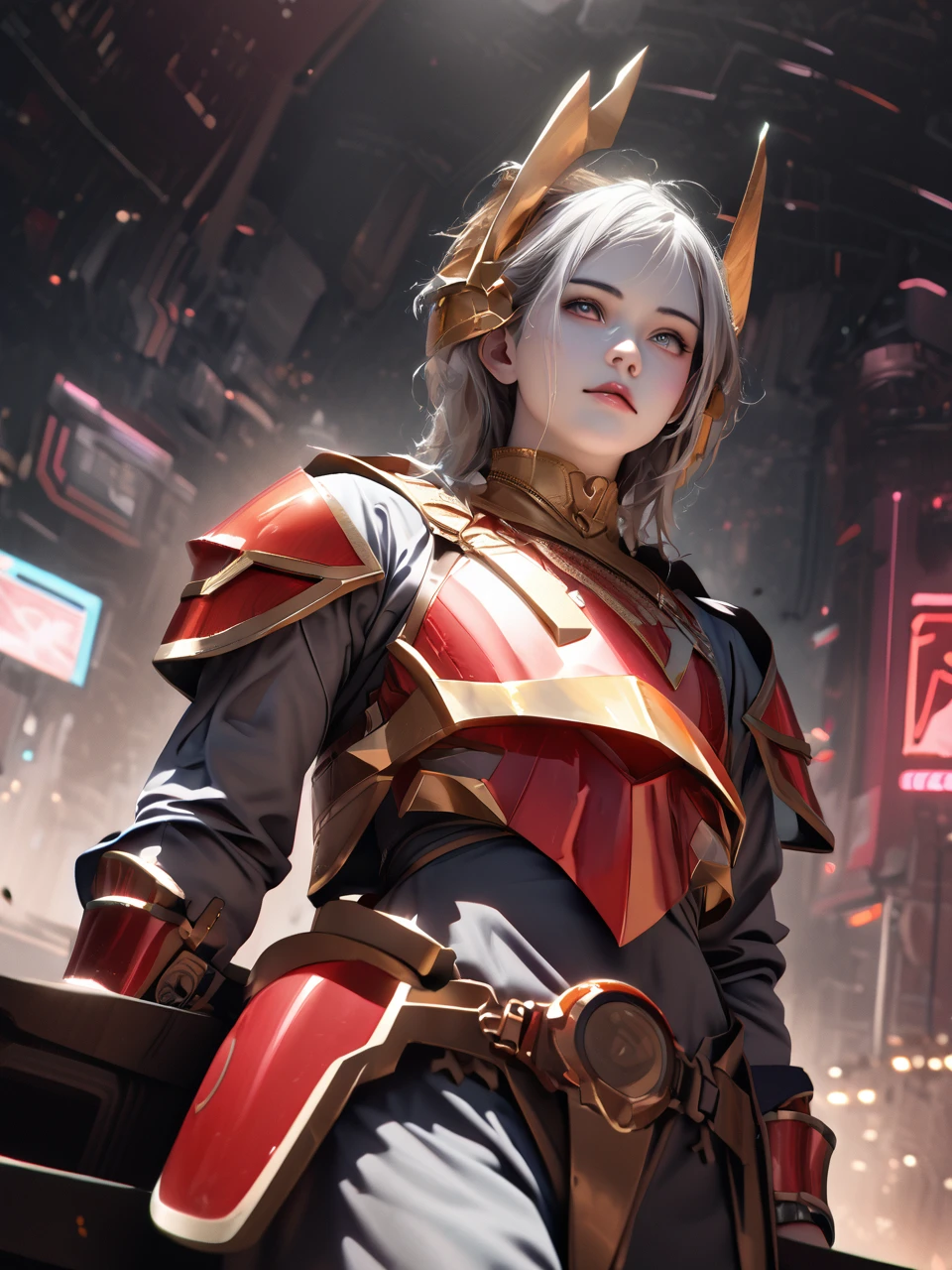 Man wearing Amman armor, Red and Gold, 高度detailed的废弃仓库背景, Delicate face, detailed、complex、Busy background, messy, Gorgeous, milky, Delicate skin, Realistic skin details, Visible pores, Clear focus, Volumetric Fog, 8K Ultra HD, Digital SLR Camera, high quality, Film Grain, White skin, Photorealism, Rama Photography, Dystopian metropolis of the future, Watch from below, translucent