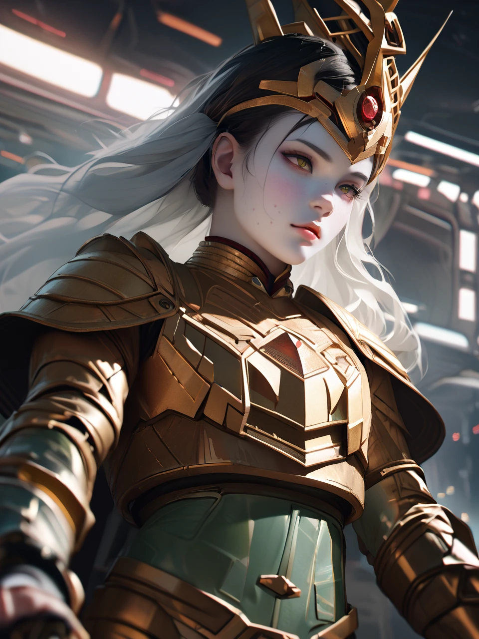 Man wearing Amman armor, Red and Gold, 高度detailed的废弃仓库背景, Delicate face, detailed、complex、Busy background, messy, Gorgeous, milky, Delicate skin, Realistic skin details, Visible pores, Clear focus, Volumetric Fog, 8K Ultra HD, Digital SLR Camera, high quality, Film Grain, White skin, Photorealism, Rama Photography, Dystopian metropolis of the future, Watch from below, translucent