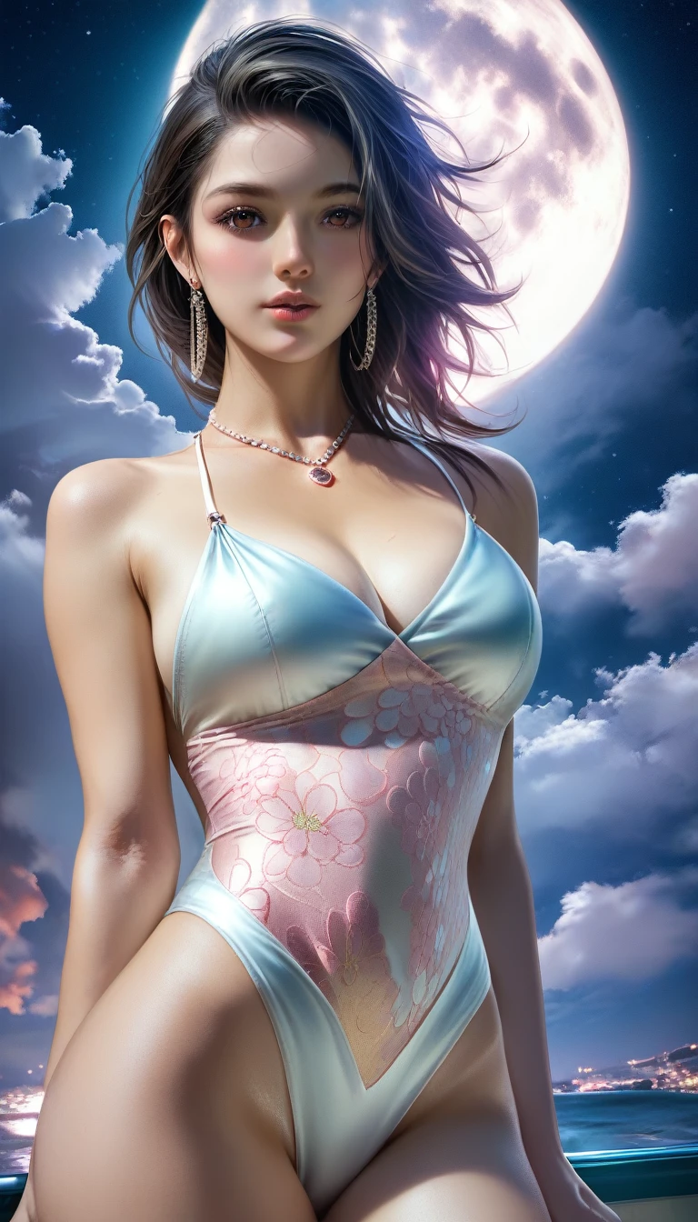 score_9, score_8_superior, score_7_superior, A masterpiece in 32K resolution,Highest quality,it is really amazing,Very detailed,Ultra-high resolution,(Ultra-realistic:1.5),(Realistic:1.5),Increased depth of field,Cinematic lighting,
Elegant Japanese MILF,
Long black hair,Ultra-detailed and beautiful face,(Gentle expression:1.1),Translucent white skin,(Realistic skin texture:1.3),
(Sexy Swimwear:1.1),
Bold design,Artistic design,Beautiful and detailed pattern,Detailed fabric texture,
Gorgeous necklace,Earrings,
Coastline at night,(Giant Moon:1.1),(Dark clouds floating in the dark night sky:1.1),
(Dramatic Angle:1.2),