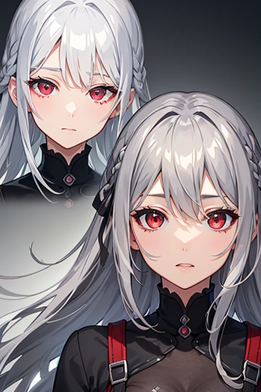 High resolution, detail, 高いdetail, Shortcuts, Gray Hair, Grey Hair, Silver Hair, Exposed breasts、Open your mouth, Red eyes, Multiview, accessories, Illustration, Anime Style, girl、Overall image、