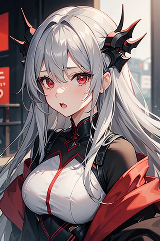 High resolution, detail, 高いdetail, Shortcuts, Gray Hair, Grey Hair, Silver Hair, Exposed breasts、Open your mouth, Red eyes, Multiview, accessories, Illustration, Anime Style, girl、Overall image、
