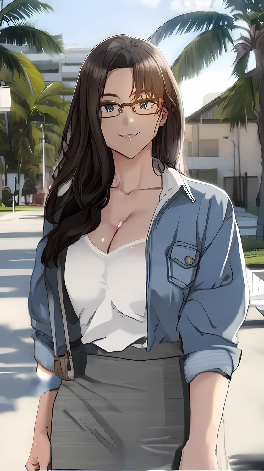 masterpiece,best quality,mature female,sagging breasts,long_hair,glasses,cleavage,pantyhose,brown_hair,one_mole_on_breast, glasses, large breast, looking at viewer 