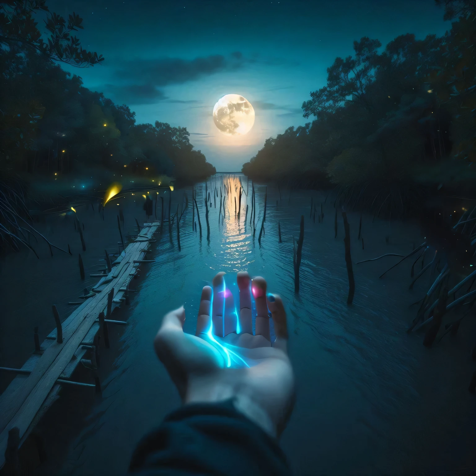 Create a virtual image of fireflies glowing with colorful lights on your palm.