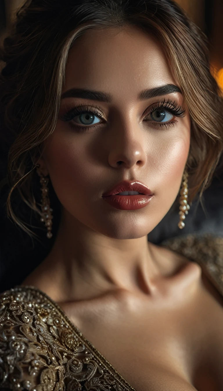 beautiful detailed eyes, beautiful detailed lips, extremely detailed eyes and face, longeyelashes, 1girl, seductive cleavage, couch, sensual, alluring, captivating, ornate, luxurious, (best quality,4k,8k,highres,masterpiece:1.2),ultra-detailed,(realistic,photorealistic,photo-realistic:1.37), glamour, cinematic lighting, dramatic lighting, chiaroscuro, moody, cinematic, dark, sultry
