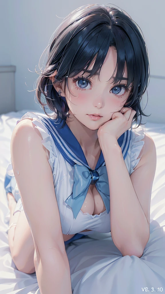 (masterpiece: 1.3), (Maximum resolution: 1.2), (Ultra High Definition TV: 1.2), Cinematic Light, 8k resolution, Detailed facial features , (Sharp focus: 1.2), (Focus on the face:1.2),Perfect Style, Beautiful Face, Acura, Anatomically correct, Two Arms,Two legs、 Highly detailed face and skin texture, Delicate and beautiful eyes, Glitter Eyeliner: 1. Natural Cheeks, Glowing Skin, Glossy Lips、 Perfect Style、Delicate depiction of hair、Cleavage、Soft Breasts、(Sperm in the breasts:1.4)(Sperm on thighs:1.4)、 blush、Glaring expression、A humiliating look、Anxious expression、A look of humiliation、Embarrassed look、anger、sorrow、tears、Open your knees、Spread your legs、White bra、Disheveled clothes、White panties、sweating、Sailor Mercury、 (1 girl), blue eyes, Blue Hair,short hair, ,20-year-old, 成熟したクールでBeautiful Face、 wear (Sailor Mercuryの衣装:1.3),Blue tight sailor suit on a white background、Blue ultra-mini skirt、Abandoned house、On the bed、(On my back, 、Lying on your back、ベッドにLying down, ベッドにLying downいる, Lying down, White sheets:1.6)、head band、Put your hands in your panties、