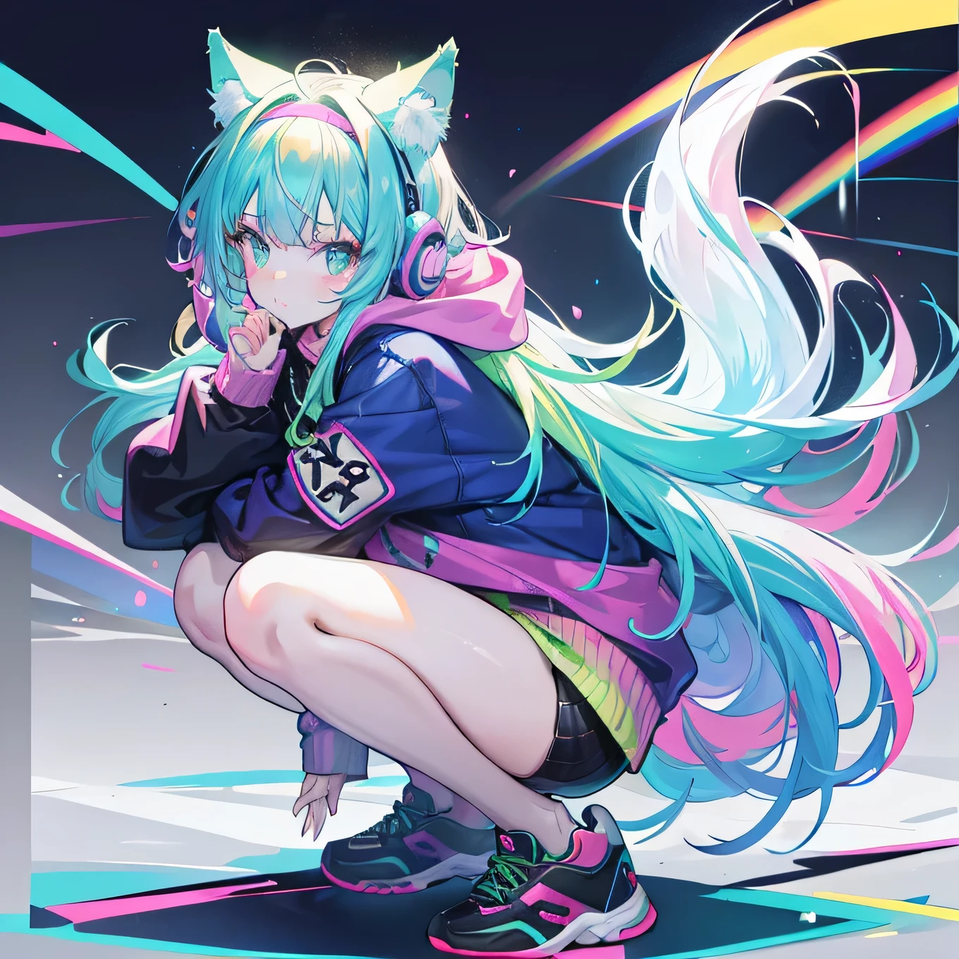Rainbow bangs,Blue-green pupils,Wear a shiny neon rainbow jacket and sweater,Wearing a neon pink wolf ears headband, a cute girl, full body, wolf tail but plug