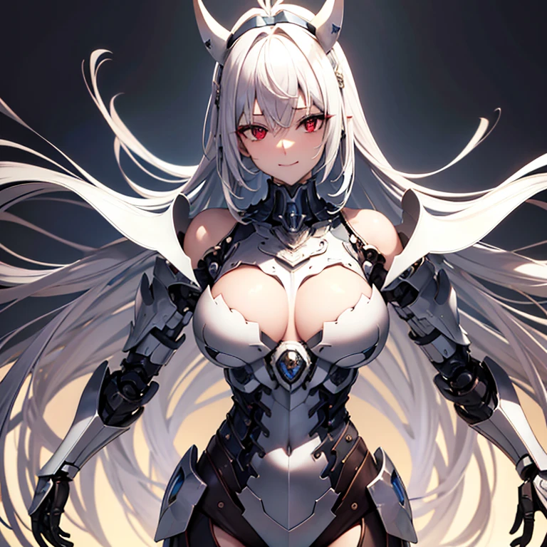 chest, High resolution, gauze, smile, Shortcuts, bangs, Red eyes, Headpiece, Bangs between the eyes, Headband, Horns of the beast, multiview, Decorative art, masterpiece, accurate, Anatomically correct, 最high quality, High resolution, High detail, High-resolution model, high quality, Very detailed, Grey Hair, Silver Hair, Intersecting bangs, chest, Hide your ears, Open your mouth a little, tooth, Smiling with teeth showing, Slanted Eyes, Character portrait, Setting diagram, Status Table, bonus, Character Design画, Headband, Mole at the corner of the mouth, Feather Hair Accessories, Drop Shadow, 8k octane, アニメ, アニメ風, Character Design, Brown skin、Bone wings on the back、Muscle Exposure、Shoulder Bare、Mechanical limbs、