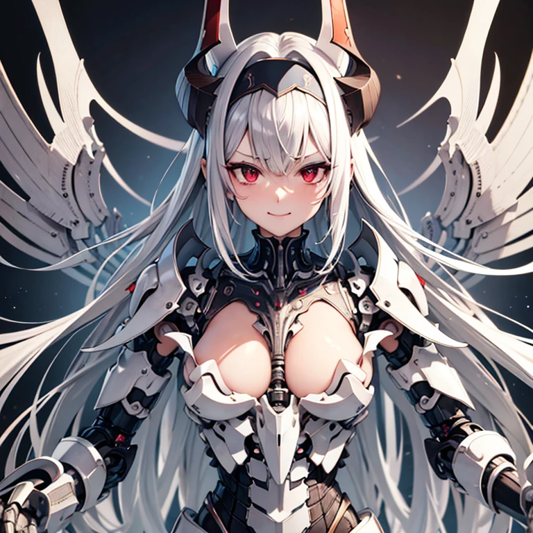 chest, High resolution, gauze, smile, Shortcuts, bangs, Red eyes, Headpiece, Bangs between the eyes, Headband, Horns of the beast, multiview, Decorative art, masterpiece, accurate, Anatomically correct, 最high quality, High resolution, High detail, High-resolution model, high quality, Very detailed, Grey Hair, Silver Hair, Intersecting bangs, chest, Hide your ears, Open your mouth a little, tooth, Smiling with teeth showing, Slanted Eyes, Character portrait, Setting diagram, Status Table, bonus, Character Design画, Headband, Mole at the corner of the mouth, Feather Hair Accessories, Drop Shadow, 8k octane, アニメ, アニメ風, Character Design, Brown skin、Bone wings on the back、Muscle Exposure、Shoulder Bare、Mechanical limbs、