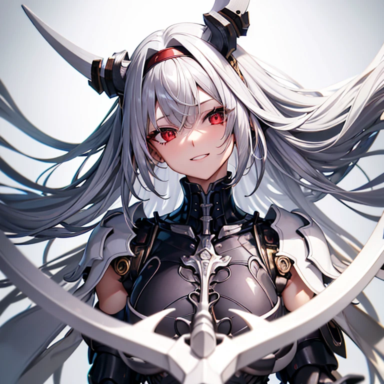 chest, High resolution, gauze, smile, Shortcuts, bangs, Red eyes, Headpiece, Bangs between the eyes, Headband, Horns of the beast, multiview, Decorative art, masterpiece, accurate, Anatomically correct, 最high quality, High resolution, High detail, High-resolution model, high quality, Very detailed, Grey Hair, Silver Hair, Intersecting bangs, chest, Hide your ears, Open your mouth a little, tooth, Smiling with teeth showing, Slanted Eyes, Character portrait, Setting diagram, Status Table, bonus, Character Design画, Headband, Mole at the corner of the mouth, Feather Hair Accessories, Drop Shadow, 8k octane, アニメ, アニメ風, Character Design, Brown skin、Bone wings on the back、Muscle Exposure、Shoulder Bare、Mechanical limbs、