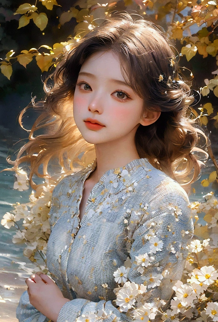 a girl looking down, wind, particles, intricate and detailed natural background, bright mood, upper body, (best quality, masterpiece:1.2), 1girl, detailed eyes, detailed lips, extremely detailed face, long eyelashes, wind blowing hair, serene expression, colorful flowers, lush foliage, sunlight filtering through leaves, warm color palette, soft lighting, cinematic composition, photorealistic, intricate details