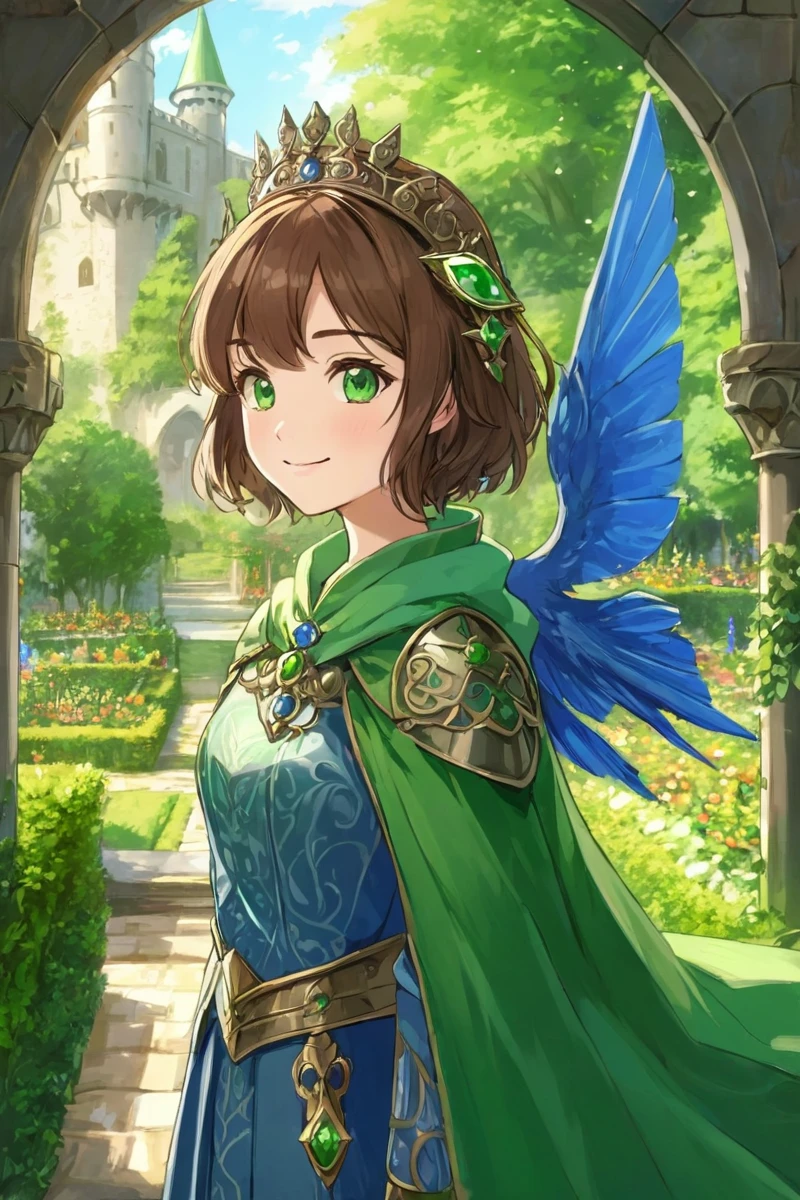 masterpiece, best quality:1.2), 1girl, smile, looking at viewer, short brown hair, green eyes, winged headpiece with green gem, warrior princess, armored dress, green cape, blue skirt, big princess ballgown, standing in medieval garden, anime girl, blue gress