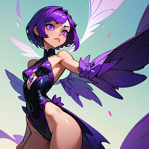 A girl with an angular face and violet eyes, a concentrated and analytical expression.

Short purple hair, styled in a modern and practical cut.

Body with a slim With wide hourglass-shaped hips and a small bust and athletic figure. Light skin. Reflects precision and efficiency.

Dressed in purple and green erotic lingerie and with fairy wings