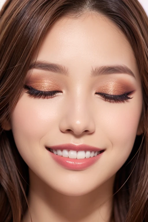 1girl, solo, smile, brown_hair, closed_eyes, parted_lips, teeth, lips, eyelashes, makeup, lipstick, close-up, eyeshadow, nose, photo_(medium), mascara