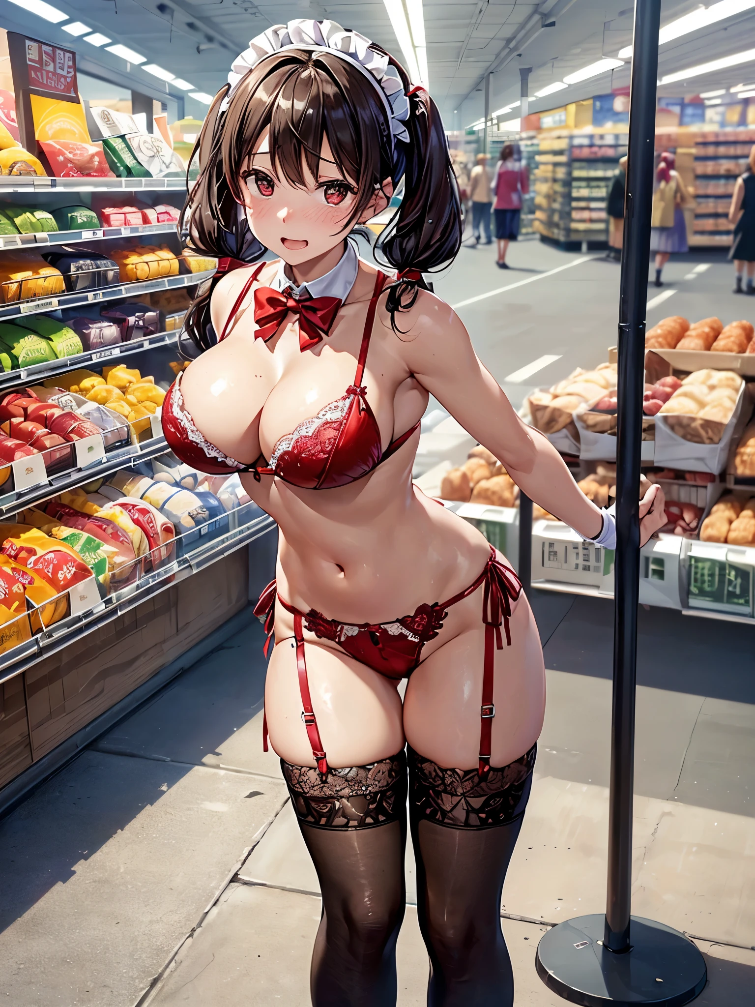 (((masterpiece, Highest quality, High resolution, 超High resolution, Perfect Pixel, Depth of written boundary, 4K, RTTX 10.0))), Beautiful Anime Woman, Beautiful art style, Anime characters, ((Smooth texture, Realistic texture, Anime CG Style)), Perfect and accurate finger count、Exact number of legs、(Exact number of arms:1.0, Exact number of hands:1.0), (Perfect hands, Perfect Anatomy), Cinematic, Realistic, Extremely detailed CG, Daytime lighting, Perfect lighting, Best Shadow, The best natural light, whole body, Perfect body, バランのとれたPerfect body, Perfectly balanced style, Soft body, ((bangs, Dark brown hair, Twin tails, High Up)), ((A cute adult woman is walking towards me:1.8)), ((Bow tie around neck:1.3), (Sexy and cute red underwear:1.3), (Stylish shiny red satin panties, Side-tie red panties, Panties with plain red center and lace decoration on the sides, Thin red panties:1.4), (Red Micro Lace Satin Bra, Red bra with large lace trim around the edges, Red open cup bra, Thin bra:1.4), (lace garter belt, Garter Strings, Knee socks:1.3):1.3), (Beautiful big boobs:1.1), (Embarrassed expression:1.7), blush, (supermarket, Merchandise Shed, aisle, Many visitors in the background, Inside the crowded store:1.7), naked, In underwear, ブラとパンティとガーターベルトとKnee socksのみ, (Frilly maid headband:1.1), Angle from the front