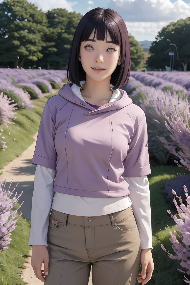 masterpiece, absurdres, hinata\(boruto\), 1girl, solo,mature female, purple hoodie,layered sleeves, brown pants,  outdoors,lavender flower field, looking at viewer, (falling petals), cloudy sky, perfect composition, detailed lips, big breast, beautiful face, body propotion, blush, (pink lips), long hair,  purple eyes,  soft gaze, sad smile,  super realistic, detailed, photoshoot, realistic face and body,  realistic hair, realistic eyes, realistic nose, realistic lips