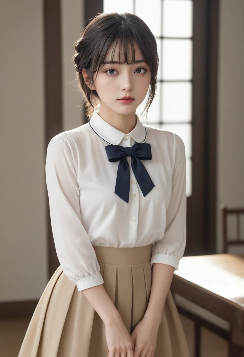 (masterpiece), (最high quality), (Very detailed), (Best Shadow), (photoRealistic:1.4), Frilled blouse, skirt, white ankle socks, (((((A long shot of a woman walking slowly))))), White floral dress, (Bright interior), (Soft Light), (Low contrast), (Shallow depth of field), (portrait of a beautiful woman illuminated by gentle light), (Very delicate and elegant depiction), (Short bangs), (Hair color is dark chestnut with a slight brown tinge), (Hair with subtle and gentle waves), (Small, intricate braids on the side of long hair), (Decorated with thin ribbons), ( White blouse with small frills), (bow tie), (青いロングskirt), (White short ankle socks), Cinema Lighting, One Girl, 16 years old, high quality, masterpiece, Very detailed, High resolution, 4K, 超High resolution, Detailed Shadows, Ultra-realistic, Dramatic lighting, One Girl, alone, Detailed face, Realistic eyes, Realistic Skin, Dynamic Hair, Dynamic pose, Dynamic Angle, White floral dress, White Background, Urzan-6500-v1.1, (RAW Photos:1.2), ( Realistic:1.4), Beautiful detailed girl, very detailed eyes and face, Beautiful attention to detail, Ridiculous, incredibly Ridiculous, Large file size, Very detailed, 