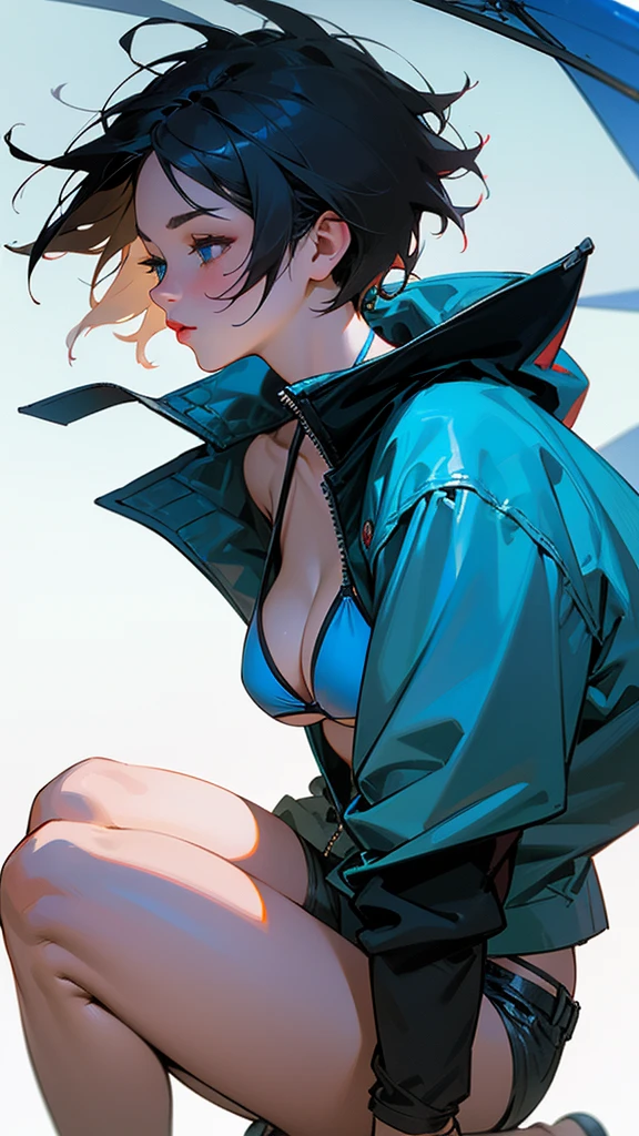 Best quality, realistic, side view, night city after rain, blue and white theme, (1 adult female), close up on lips, short hair, blowing in the wind, shiny red lips, closed mouth, blue topaz eyes, slanted eyes, crouching, cleavage, nylon jacket, bikini top, short shorts,