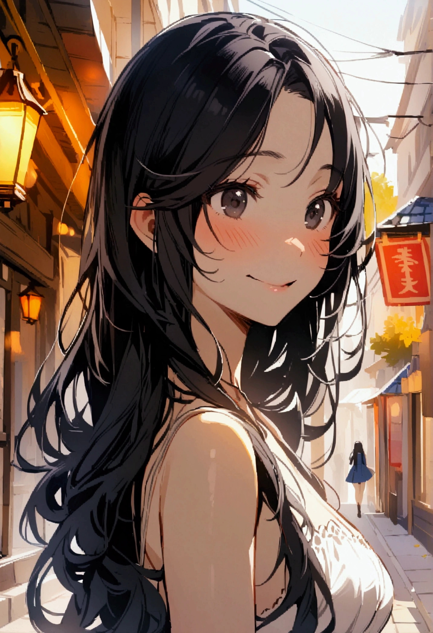 A girl with long black hair,black eyes,perfect body