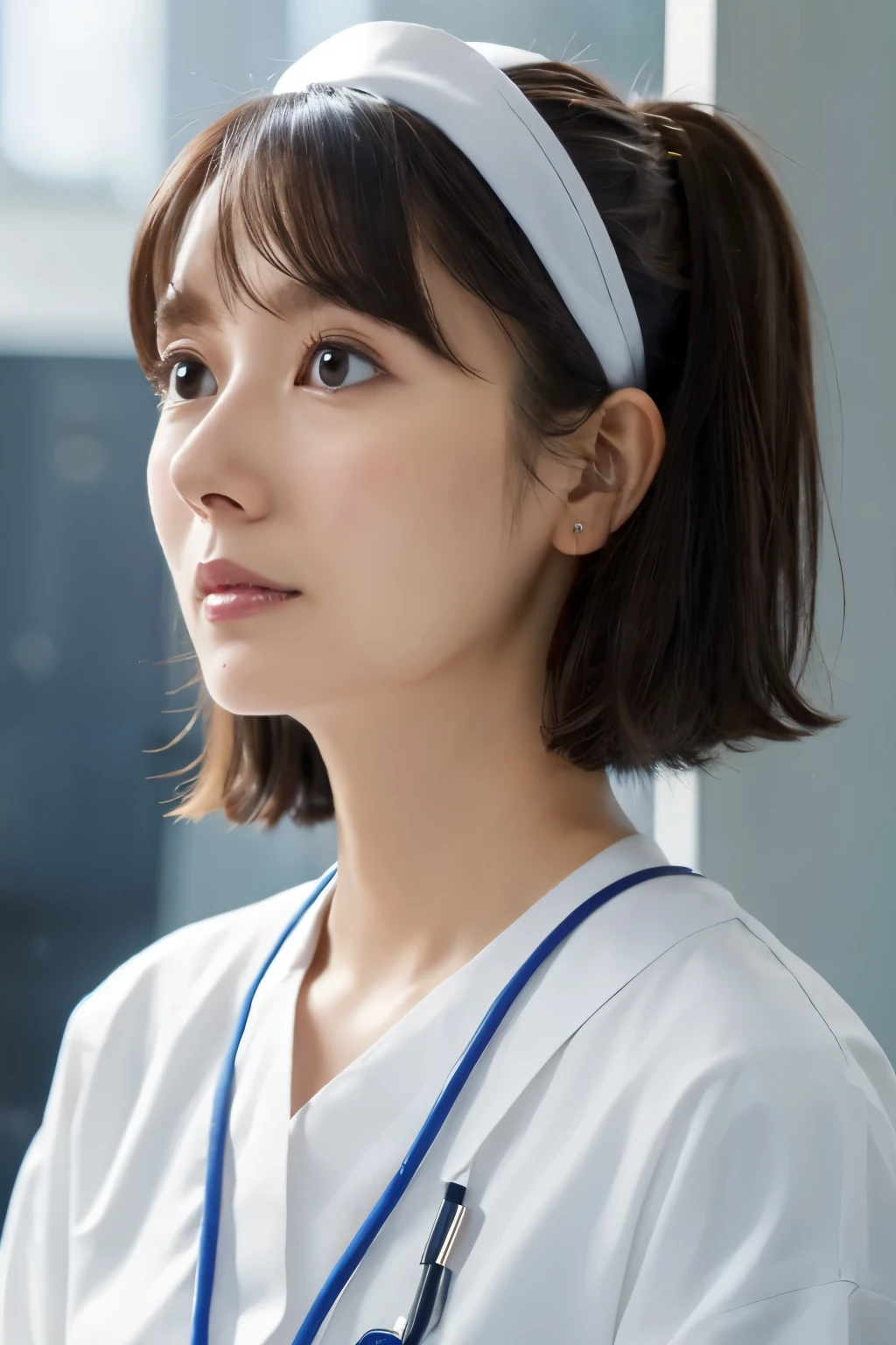 ((top quality, 8k, muste piece: 1.3)), beauty, one japanese girl, nurse, whole body, perfect anatomy, Are standing, black hair, Blunt Bangs, Lower ponytail, 30 years old, face focus, detailed face, highly detailed lips, fine eyes, sweaty skin: 1.2, nurse uniform, light blue dress, nurse cap,